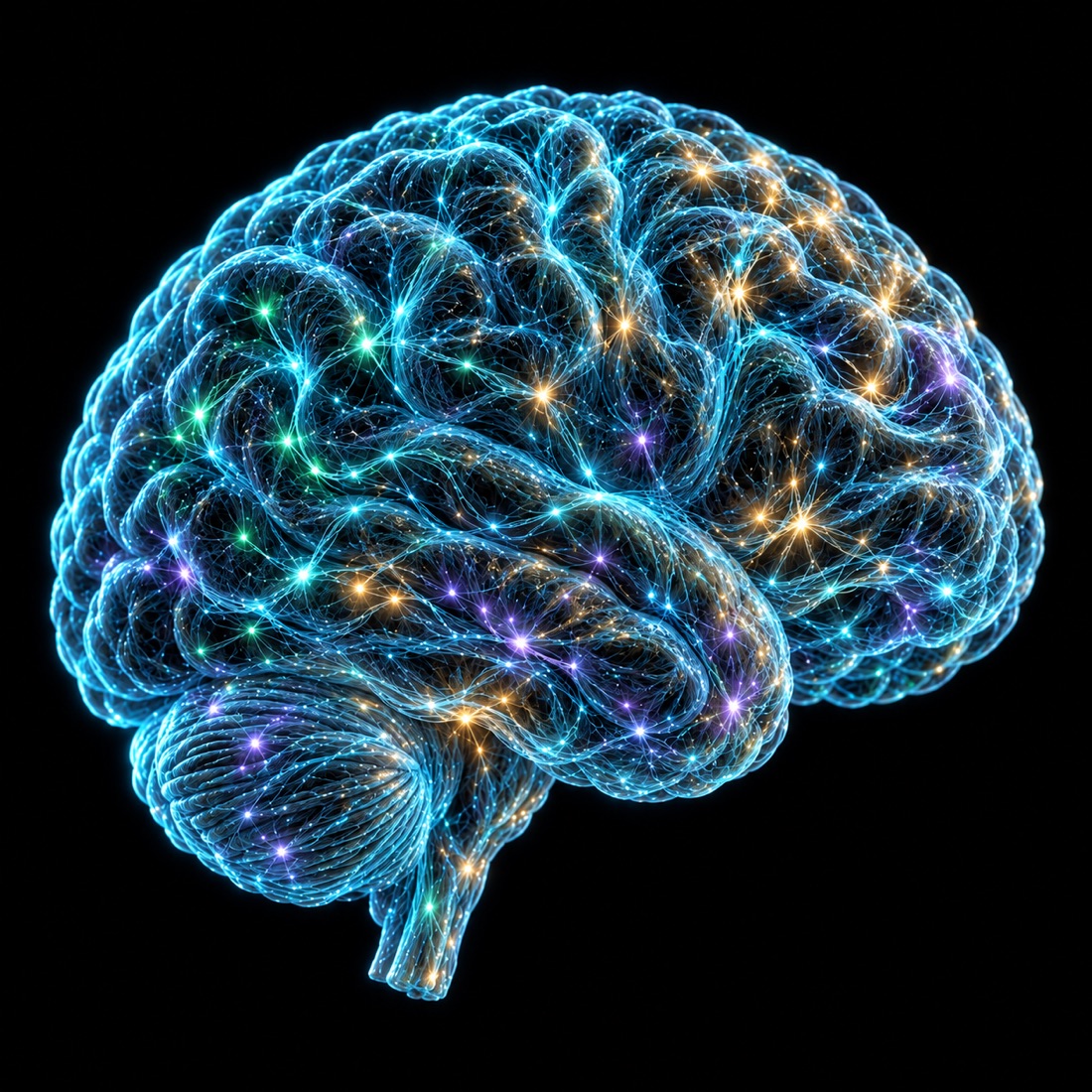 Silueta tridimensional de un cerebro formada exclusivamente por fibras neuronales luminosas sobre negro.